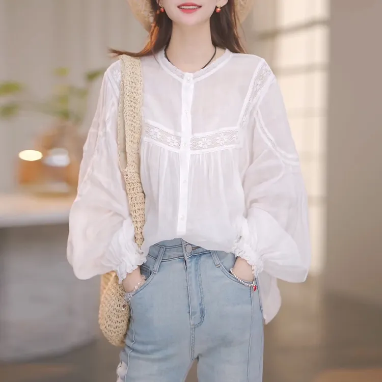 法式文艺风蕾丝灯笼袖长袖衬衫女2025春秋新款宽松显瘦减龄上衣