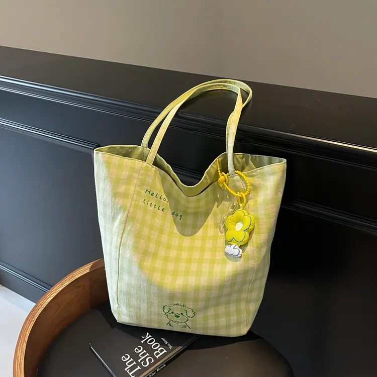 夏季田园风格子大容量单肩包可爱风韩系托特包上课包