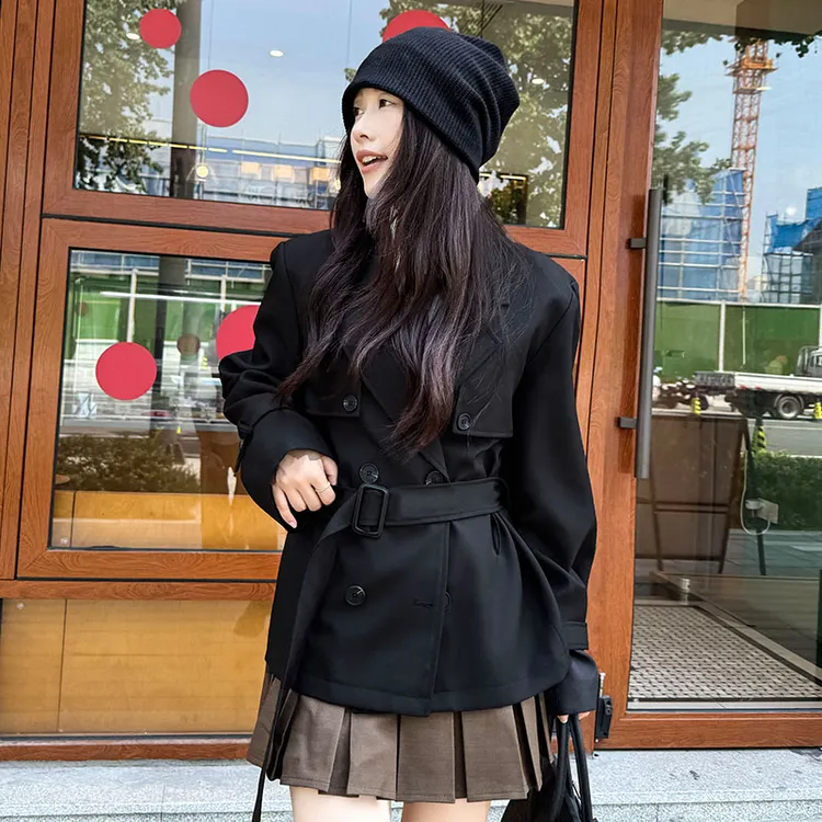 小个子黑色风衣女2025春秋款英伦风收腰显瘦双排扣高级感短款外套