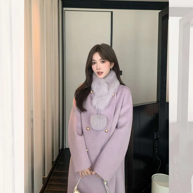 薇薇安秋冬骆驼绒羊毛呢女大衣高级感双面呢羊绒外套狐狸毛领