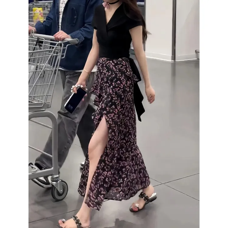 碎花女夏季新款不规则高腰显瘦气质小个子a字开叉蛋糕裙早春穿搭