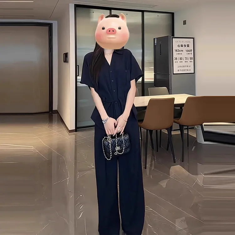 韩系短袖衬衫套装女夏季新款轻熟风通勤宽松阔腿拖地裤休闲两件套