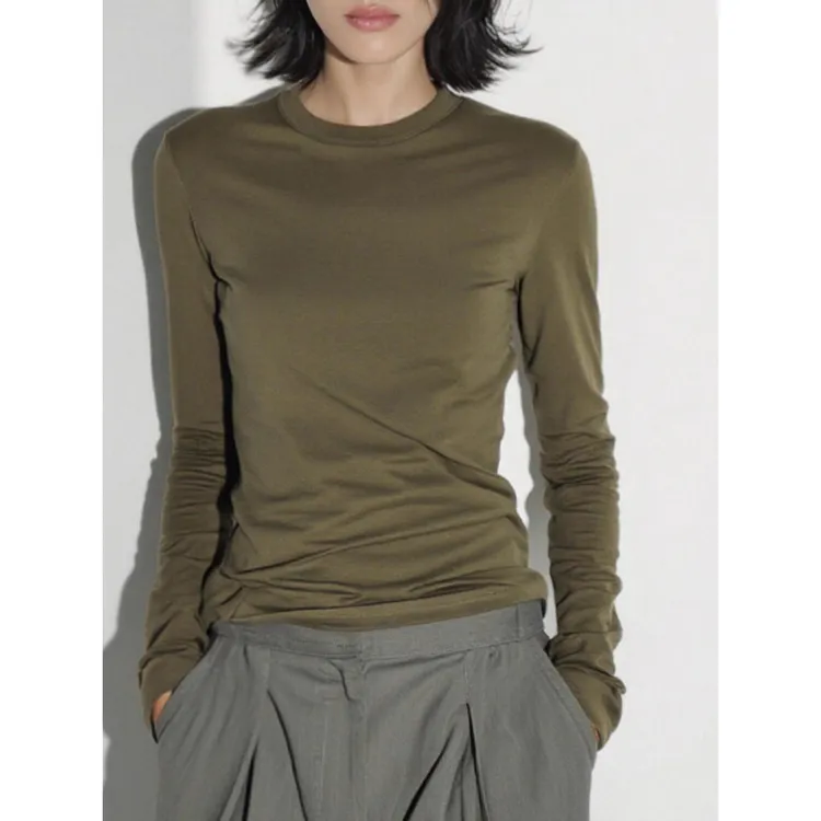 高级感军绿色圆领长袖T恤打底衫女内搭早秋洋气显瘦百搭短款上衣