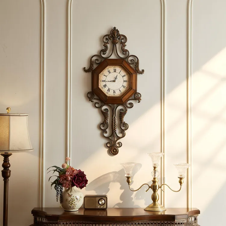 实木复古美式挂钟创意时钟表铁艺静音客厅欧式个性时尚家居装饰品