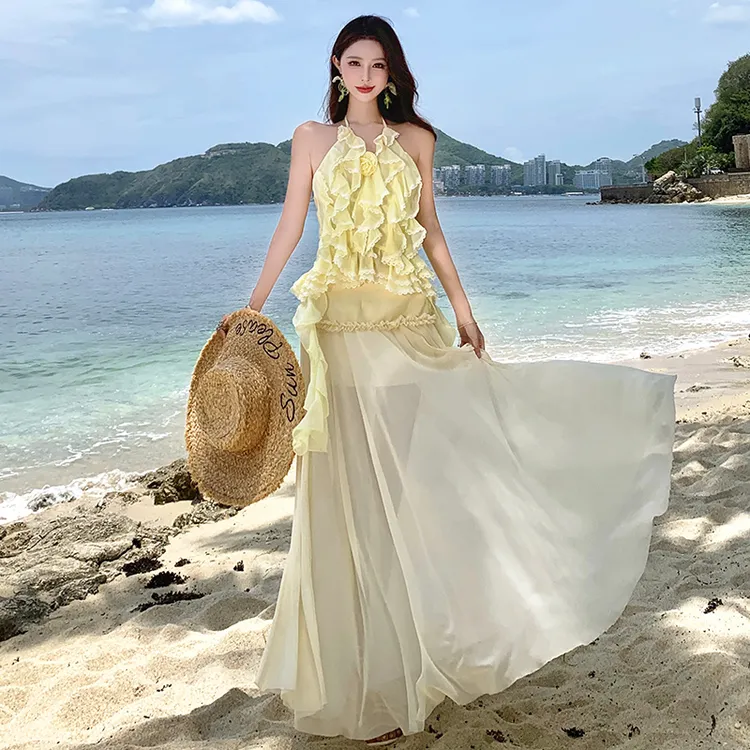 荷叶边吊带挂脖辣妹玫瑰半身裙甜辣夏季连衣裙两件套装