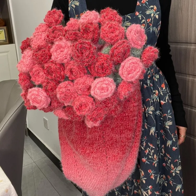 中国红色玫瑰花束毯子钩织铃兰手工礼物编织diy毛线材料包送女友