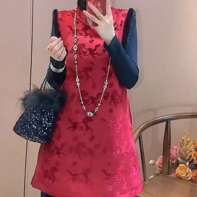 洋气百搭显瘦新中式加绒缎面印花马甲裙女冬季连衣裙