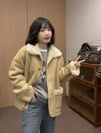 Sevbasks 七七家韩版 东大门拼接羔羔仿麂皮毛感翻领休闲百搭外套