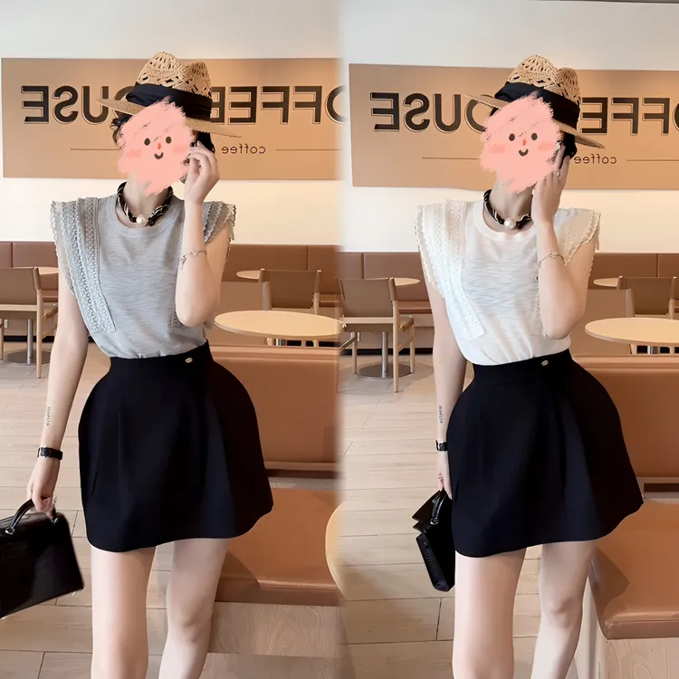 2025女士夏季时尚气质蕾丝花边无袖针织上衣显瘦百搭高腰短裙套装