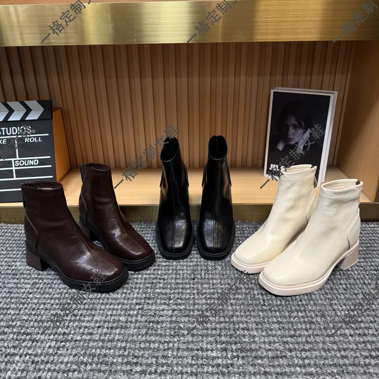 10cm韩版方头短靴女冬季加绒增高靴小个子显瘦防水台粗跟瘦瘦短靴