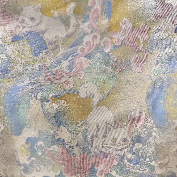 R乘风破浪猫提花混纺宋锦面料手作发夹手作发圈宝宝手工面料布料