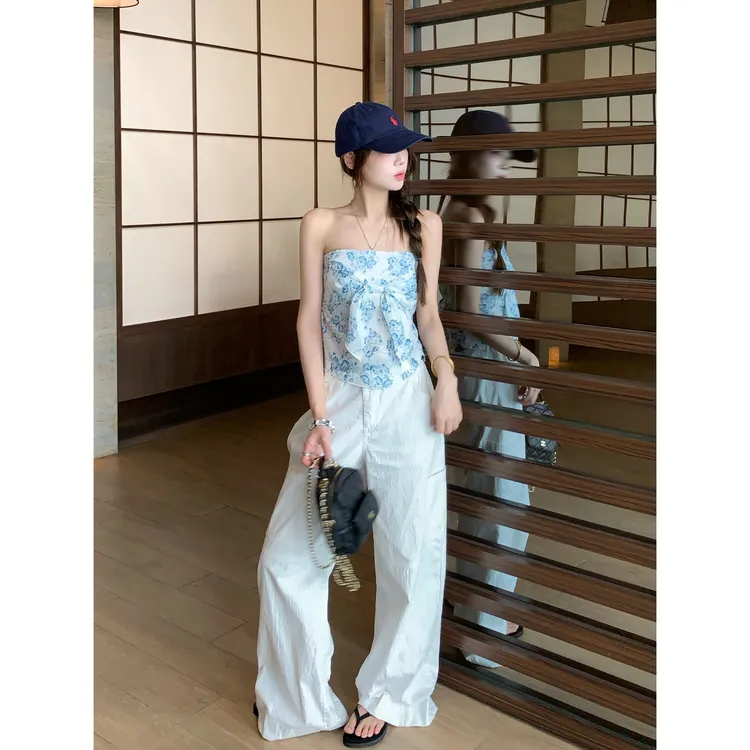 绝美青花瓷/夏季显瘦小众小白花抹胸+花苞吊带组