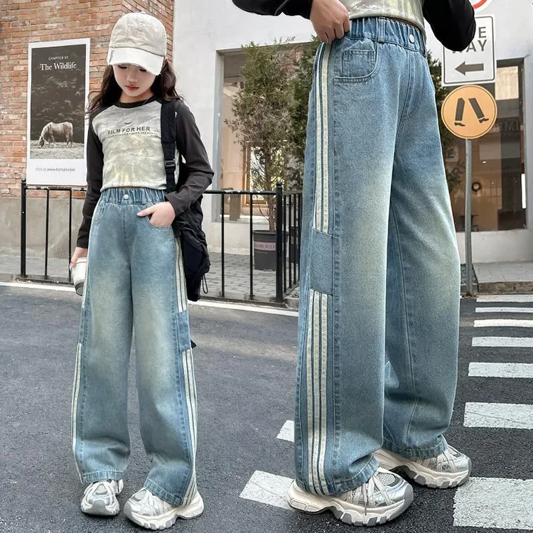 女童牛仔裤2025春季新款儿童直筒裤潮酷女孩洋气阔腿裤春秋宽松裤