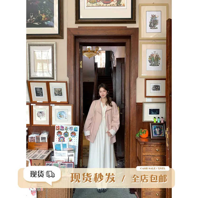 陳文文xenl【智系欧尼】韩系气质百搭蕾丝袖口中长款风衣外套女0118