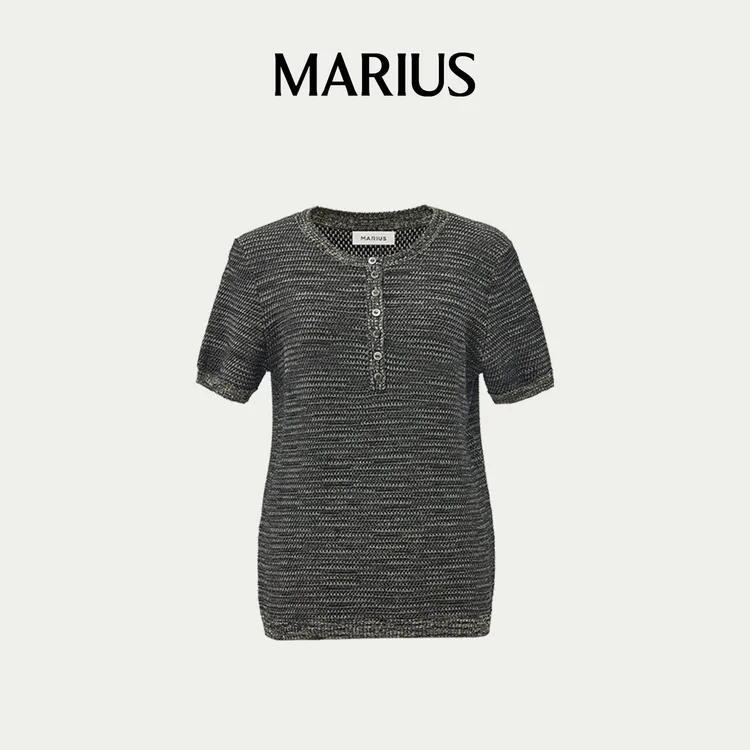 MARIUS"小菠萝"短袖气质绞花时尚港风段染肌理亨利领针织套衫