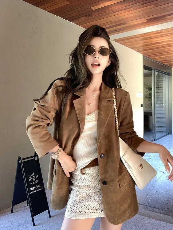 港风西装外套女宽松咖色美拉德色2025年秋季新款百搭气质西服上衣