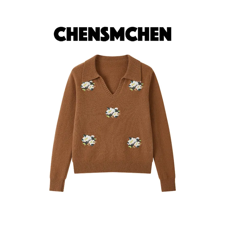 CHENSMCHEN100绵羊毛简约长袖套头针织衫女时尚宽松上衣CSZ7646YW