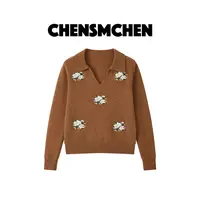 CHENSMCHEN100绵羊毛简约长袖套头针织衫女时尚宽松上衣CSZ7646YW