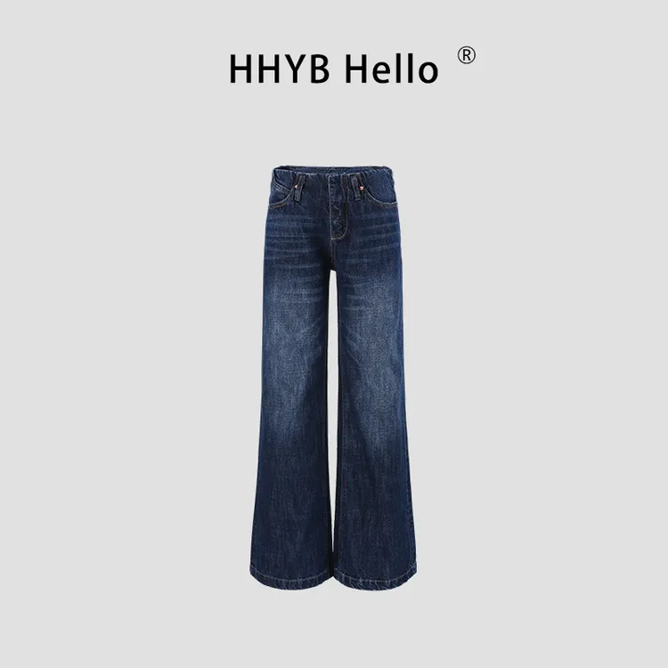HHYB Hello无腰头设计洗水低腰直筒牛仔裤宽松阔腿长裤Q254303