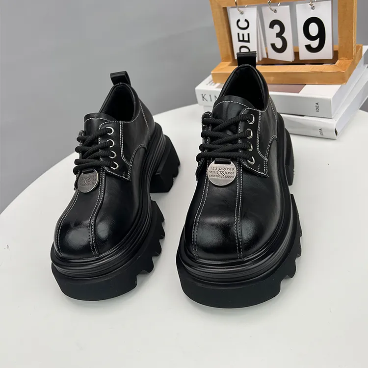 真皮厚底乐福鞋女2025年春新款系带低帮百搭小个子潮酷增高小皮鞋