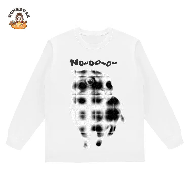 HUNGRY虚化小猫国潮重磅纯棉长袖T恤宽松男女同款秋冬季新款上衣