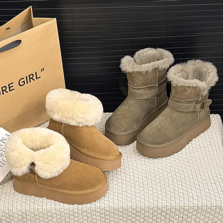 皮毛一体厚底中筒雪地靴女2025新款冬防滑加绒加厚保暖东北大棉鞋