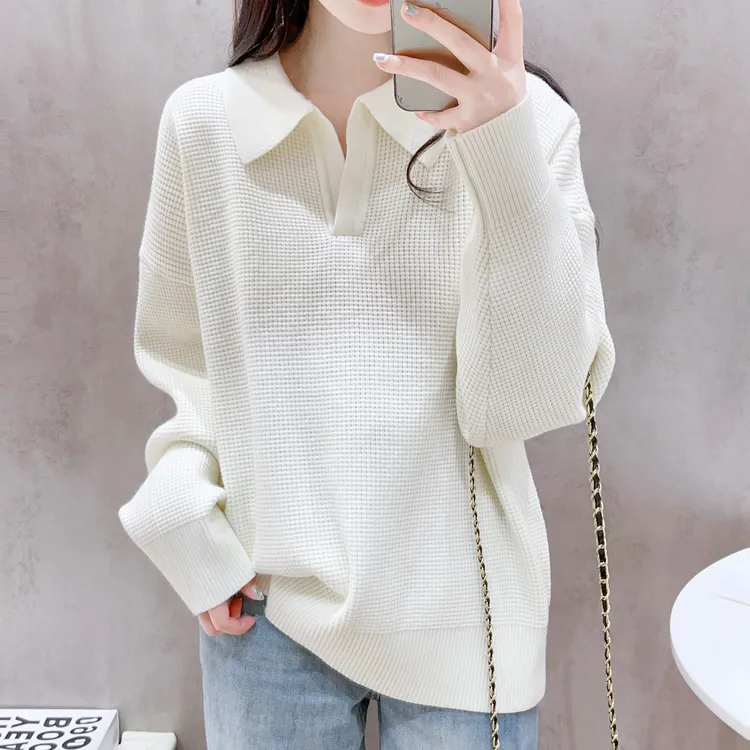 Polo领加厚华夫格毛衣女秋冬季韩系穿搭宽松显瘦松弛感针织衫上衣