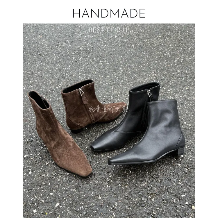 漫言町4cm头层全粒面小牛皮法式轻奢短靴侧拉链黑色百搭踝靴粗跟