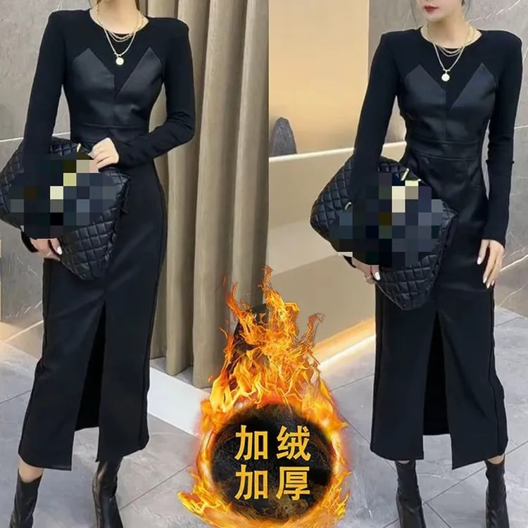 新款洋气拼接长款连衣裙修身开叉显瘦女裙