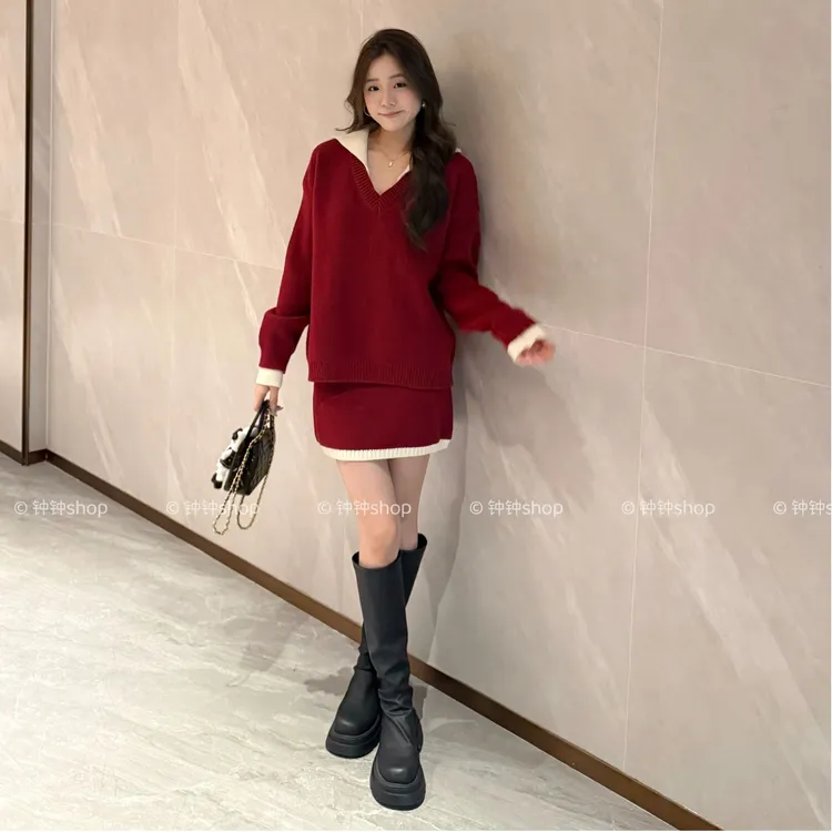 红色圣诞穿搭新年毛衣针织套装裙小个子短裙韩系深冬穿搭一整套潮