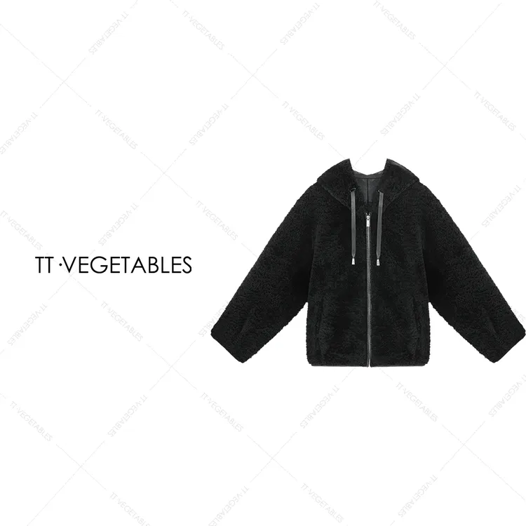 噢芬/小个子【栀柠】拉贡羊毛皮外套皮毛一体连帽外套上衣522602