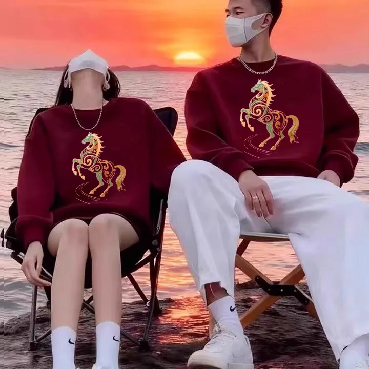 卫衣男女爆款2026新款酒红色马年本命年情侣装卫衣重磅加绒拜年服