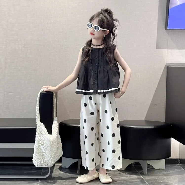 女童夏装无袖套装2025新款洋气中大童娃娃衫儿童波点阔腿裤两件套