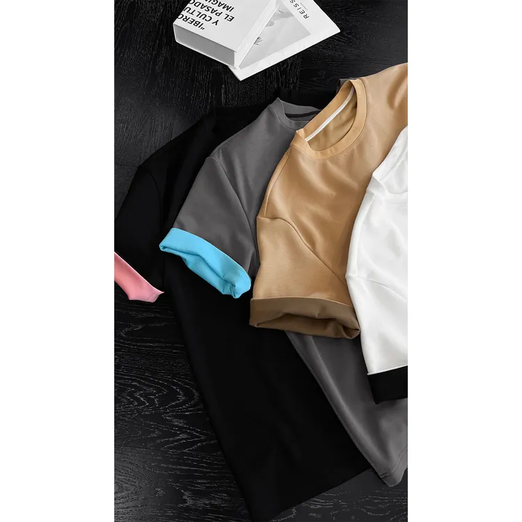 龙叨叨夏季新款潮流美式复古拼接撞色设计感百搭圆领宽松短袖T恤