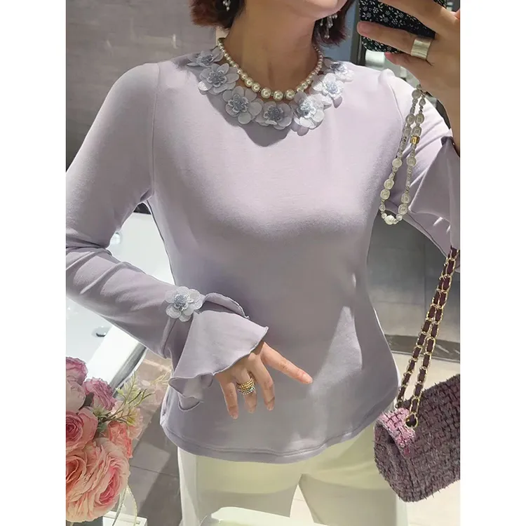 【DIS 定制】【胭紫花语】立体花朵设计显瘦喇叭袖打底衫Z525Y17054