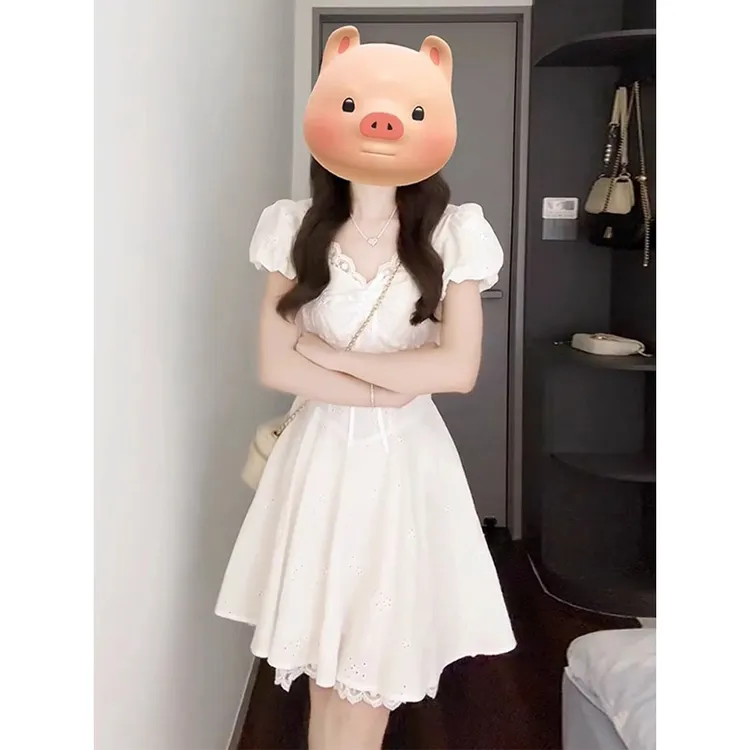 法式温柔风初恋白色连衣裙女装夏季2025新款短裙气质收腰小白裙子