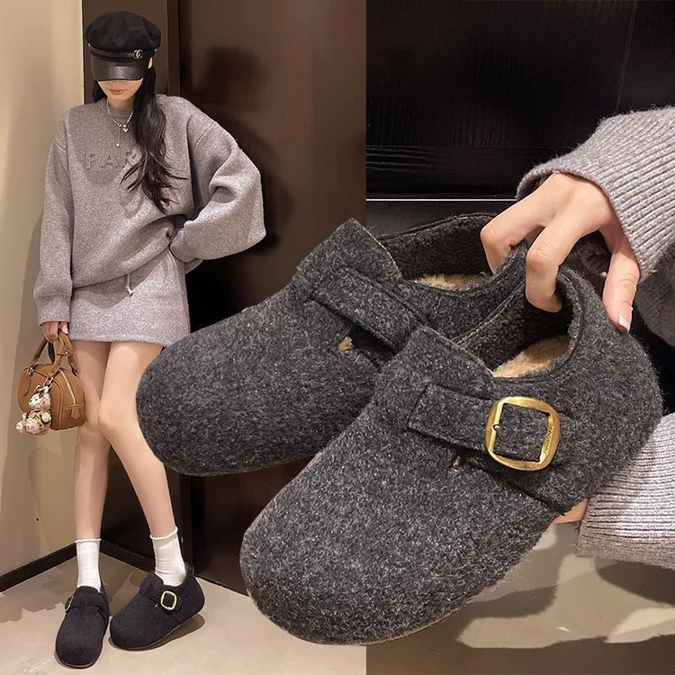 复古呢子内增高勃肯鞋女2025新秋冬加绒保暖毛毛鞋厚底小个子棉鞋