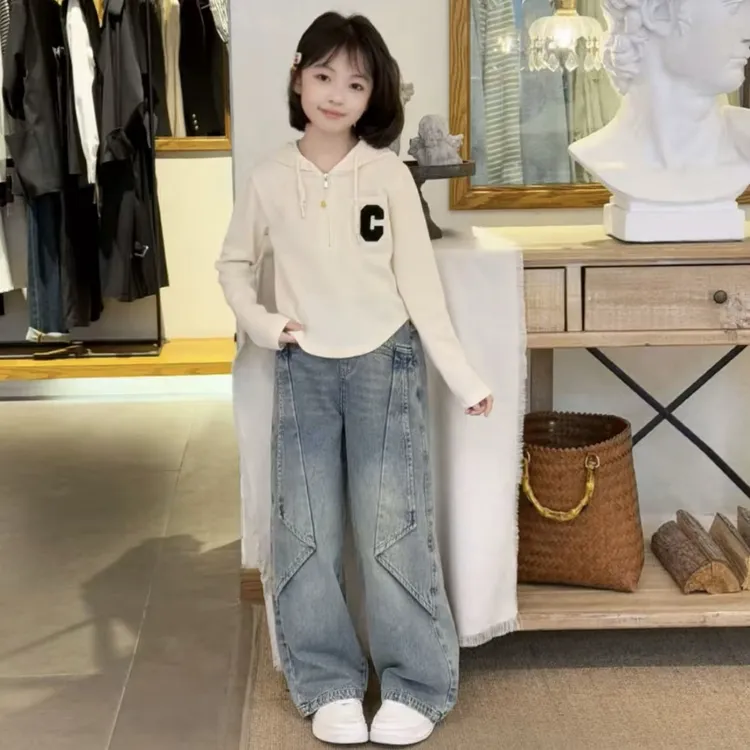 闲厚棉连帽衫牛仔裤套装2025新款儿童运动上衣阔腿裤两件套
