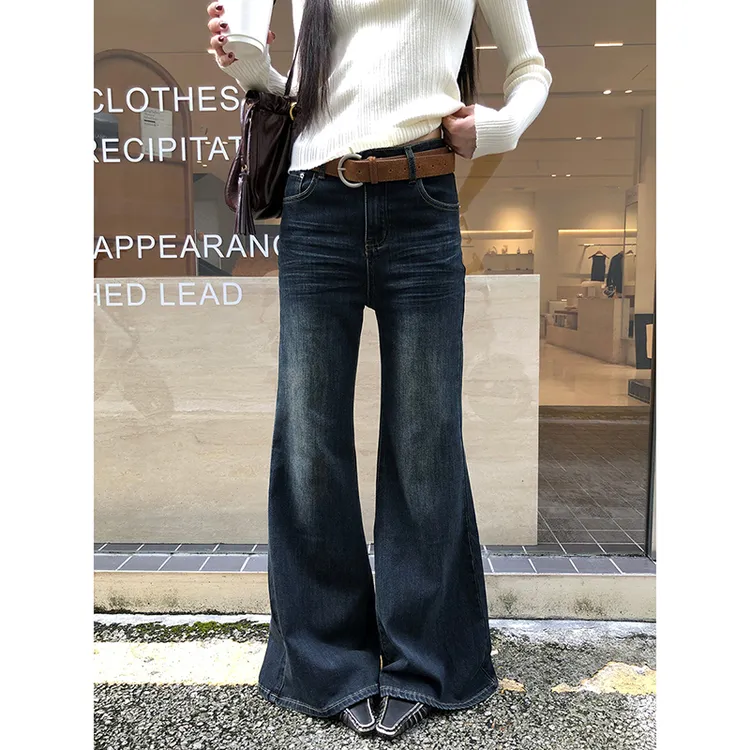 【法棍高腰裤】冬季ins简约时尚做旧休闲微喇高腰牛仔裤9713