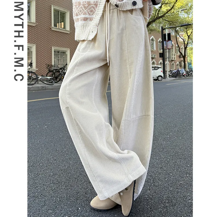 米白色灯芯绒裤子女秋冬季2025新款爆款时尚气质直筒弯刀阔腿裤