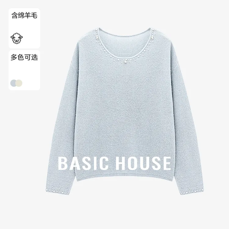 Basic House/百家好新款时尚珍珠钉珠时尚气质毛衣-B0625B5LZJ2