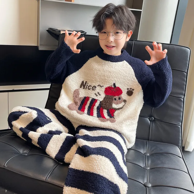 男童冬季珊瑚绒睡衣2025新款中大童秋冬款男孩儿童加绒加厚家居服