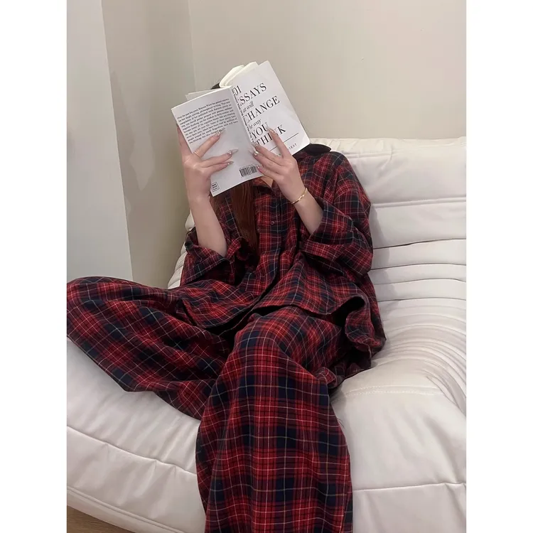 韩系复古撞色格纹小翻领睡衣2女025年春秋女款家居服套装女春款