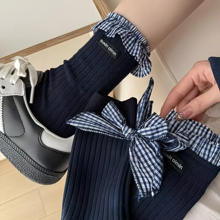日系藏蓝系花边格子甜美蓬边饰品长筒堆堆袜蝴蝶结中筒袜子女TL