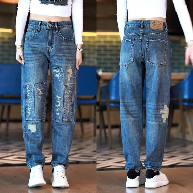 高端破洞牛仔裤男款韩版帅气个性锥形长裤时尚百搭宽松休闲男裤子