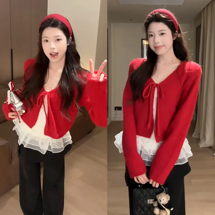 2026年早春新款爆款韩系荷叶边吊带系带针织开衫高腰休闲裤三件套