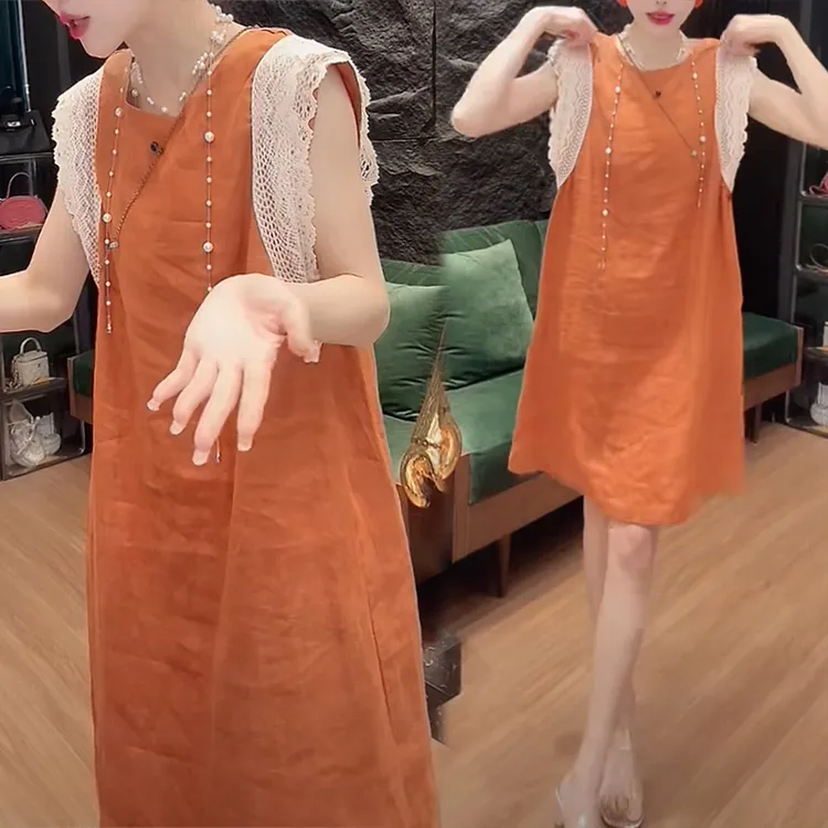 纯色蕾丝时尚拼接裙子女士2025年夏季新款气质宽松显瘦无袖连衣裙