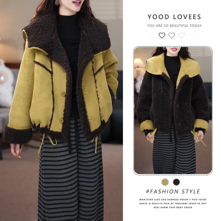 独特别致撞色拼接纽扣两面穿毛毛外套女2025冬季今年新款气质上衣