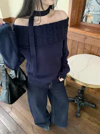 灰灰呀！韩女的穿搭！一字肩纯色高级感慵懒风毛衣
