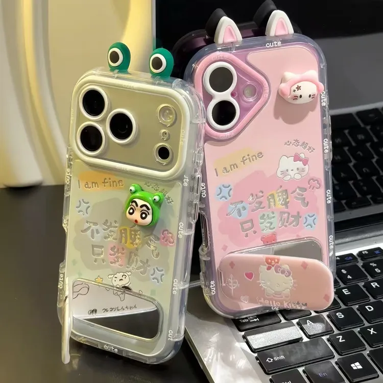 青蛙小新KT猫耳朵支架适用苹果16/17promax手机壳华为vivoppo小米